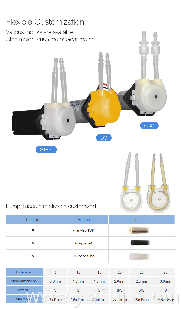 YWfluid High quality Peristaltic Pump 12v Acquarium Used for liquid Dispensing transfer suction or Filling